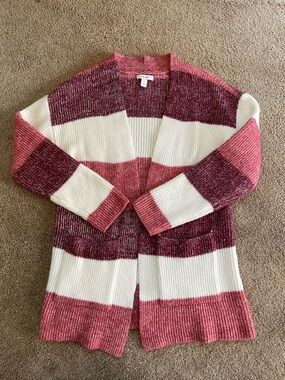 Nine West Striped Open-Front Cardigan in Pink, White and Burgundy